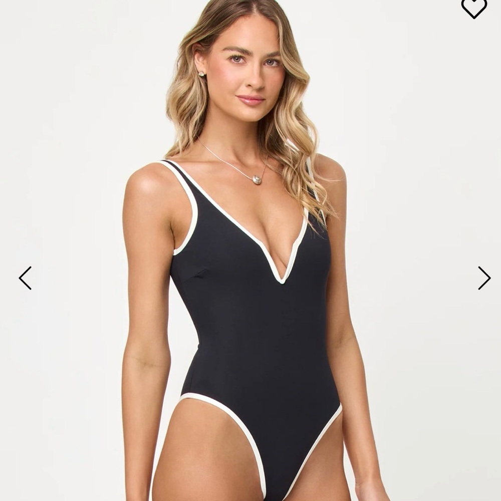 L Space Coco Classic Black Cream Piping One-Piece Swimsuit with White Trim